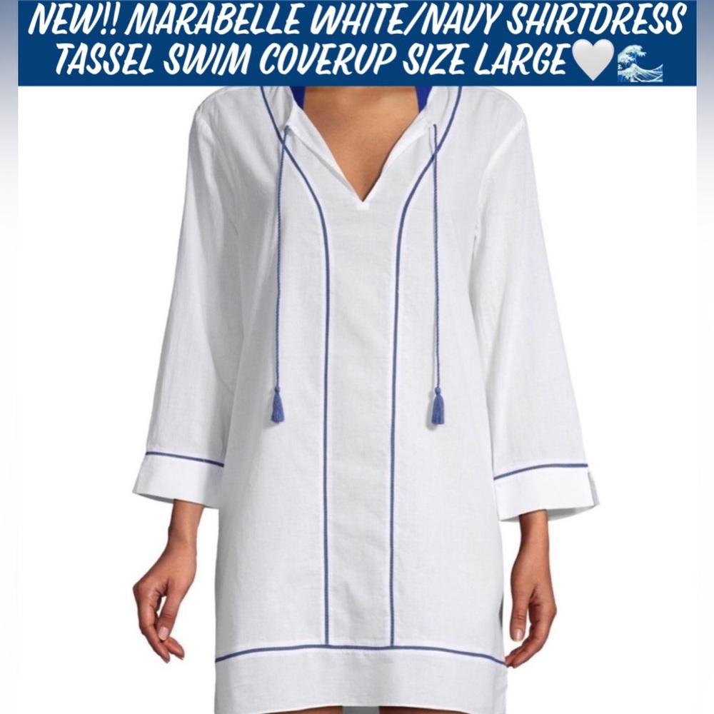 New!! Marabelle White/Navy Shirtdress Tassel Swim Coverup Size Large🤍🌊